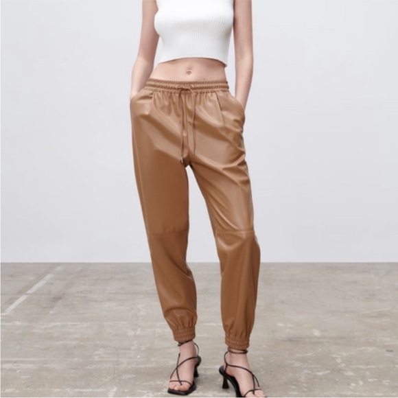 zara tan faux leather joggers - Picture 5 of 9